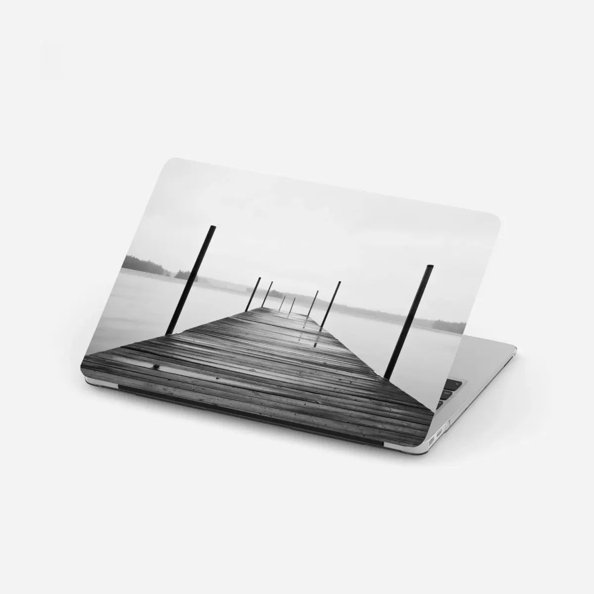 Laptop sticker misty lake pier in monochrome • Wallissimo® Laptop sticker misty lake pier in monochrome • Wallissimo®