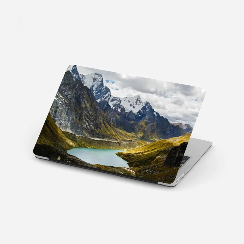 Laptop sticker turquoise alpine lake beneath snowy peaks