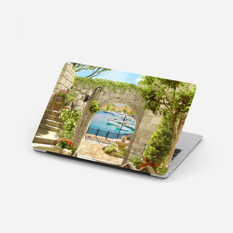 Laptop sticker Mediterranean seaside archway escape