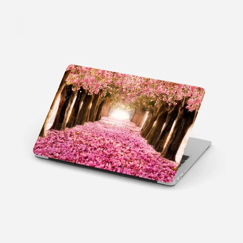 Laptop sticker pink blossom pathway under cherry trees
