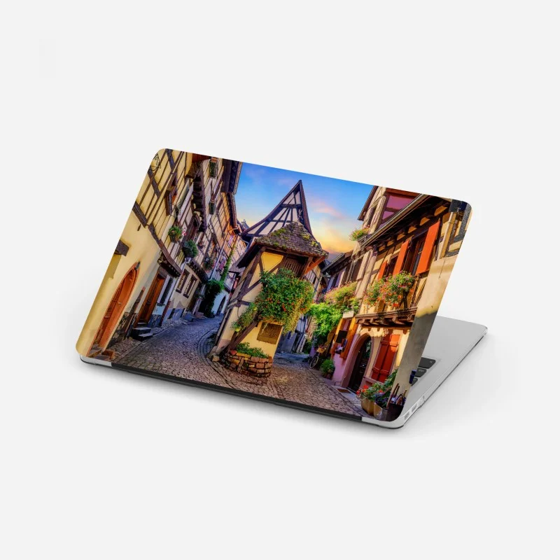 Laptop sticker charming half-timbered street in Eguisheim, Alsace