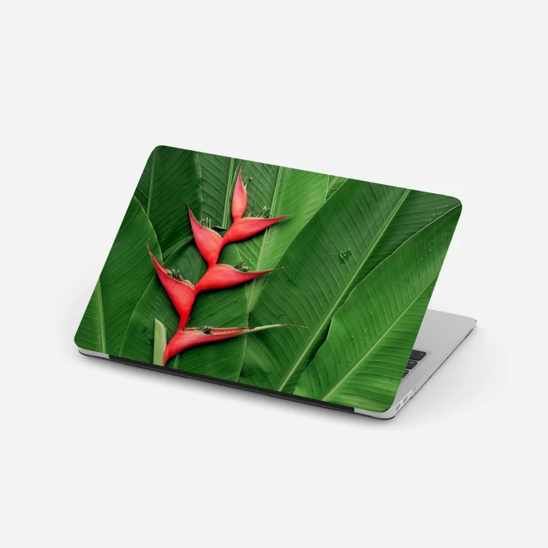 Laptop sticker vibrant heliconia on tropical leaves