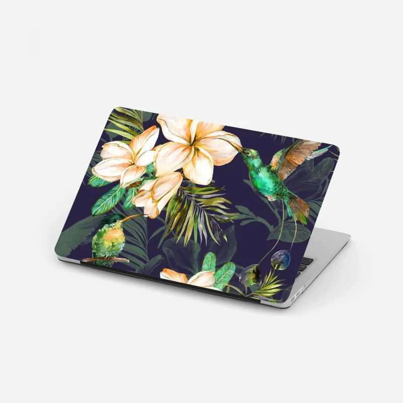 Laptop sticker tropical hummingbirds and plumeria watercolor pattern