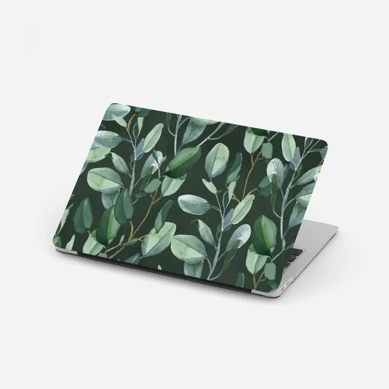 Laptop sticker eucalyptus leaves watercolor pattern on dark green ⁕ Wallissimo®