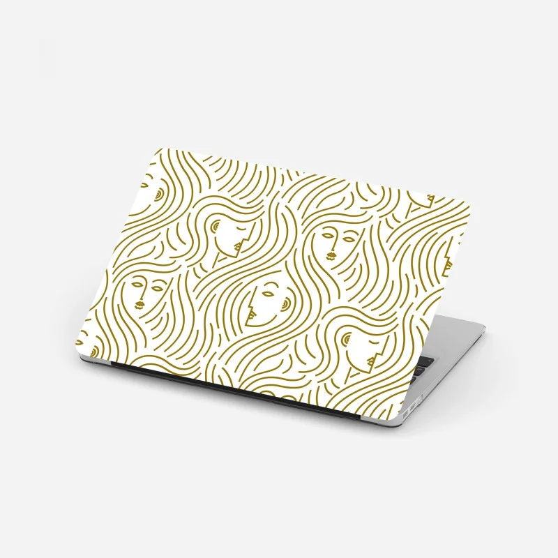 Laptop sticker golden flowing faces seamless pattern