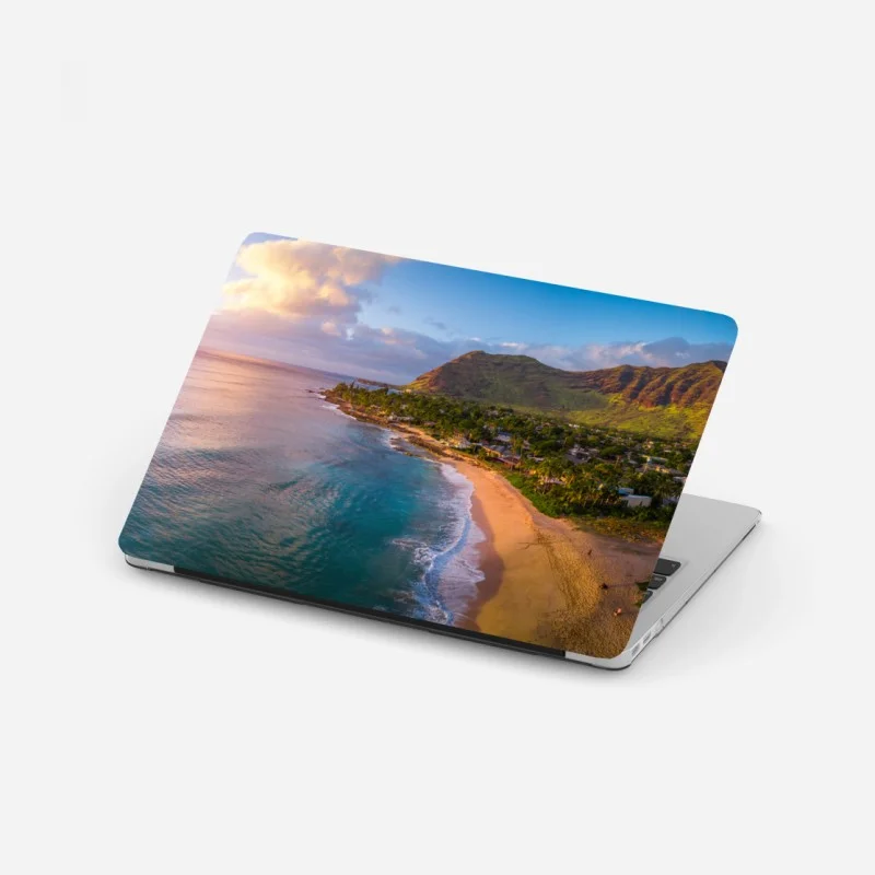 Laptop sticker sunset beach panorama with tropical mountains