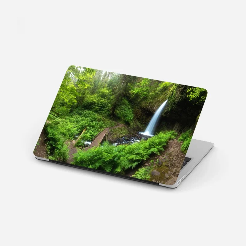 Laptop sticker lush forest waterfall panorama
