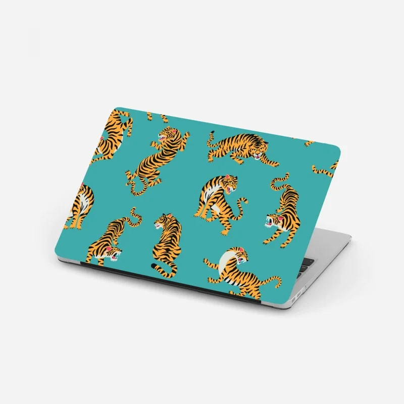 Laptop sticker stylized tiger pattern on turquoise background