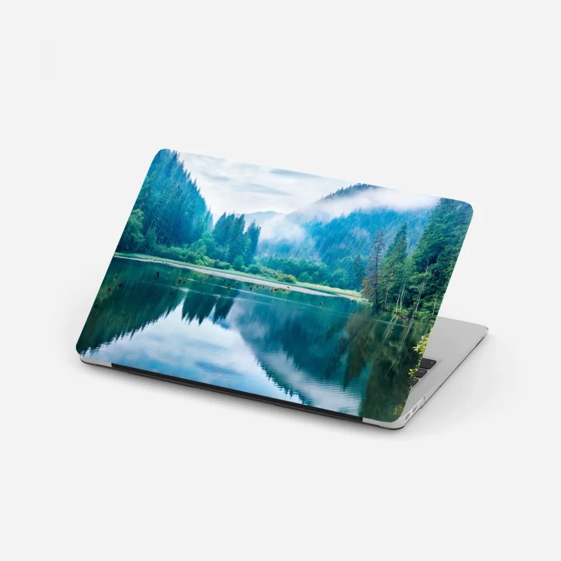 Laptop sticker misty morning at Lacu Rosu lake, Romania