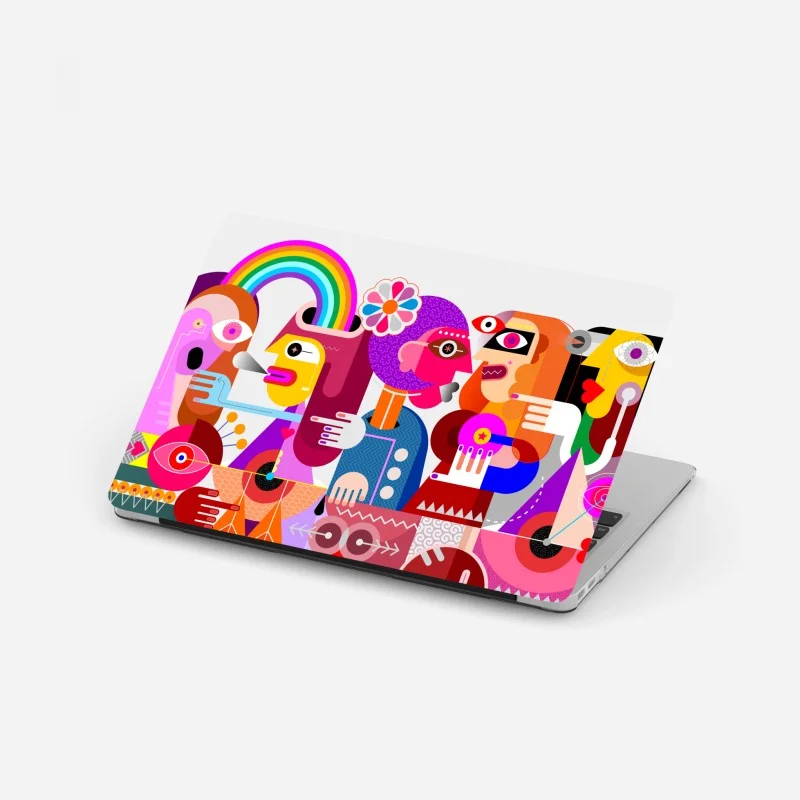 Laptop sticker man with rainbow riding geometric bird