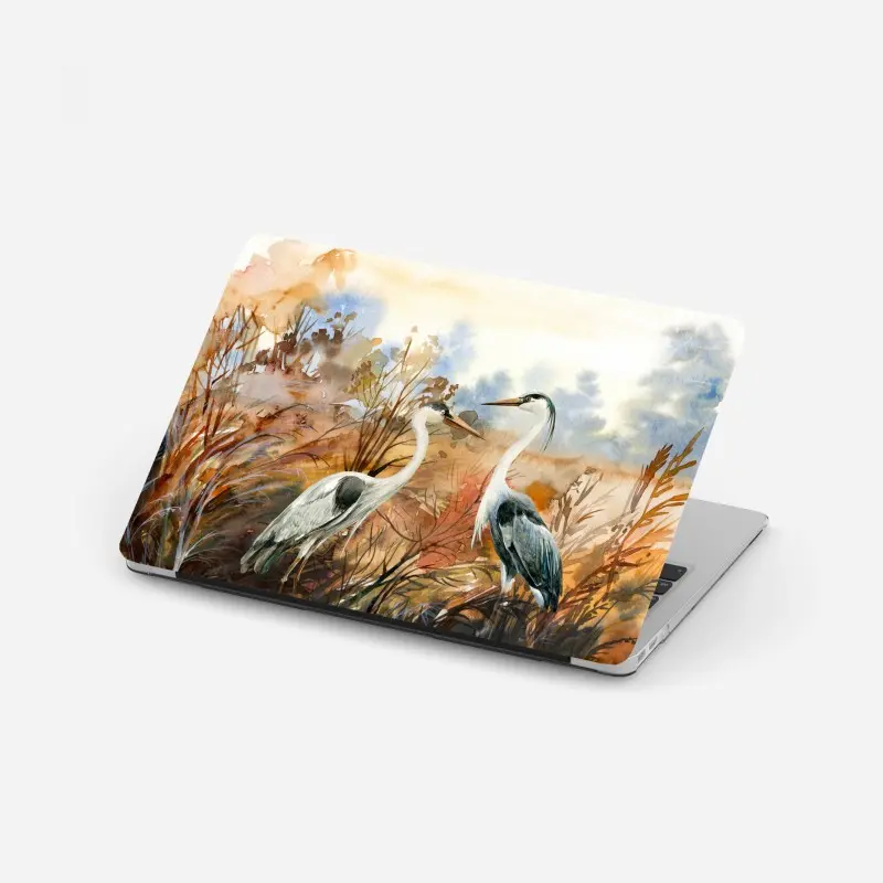 Laptop sticker two herons in autumn marsh