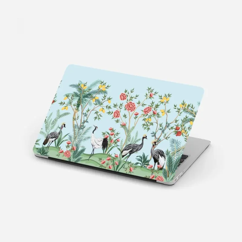 Laptop sticker elegant crane garden botanical artwork