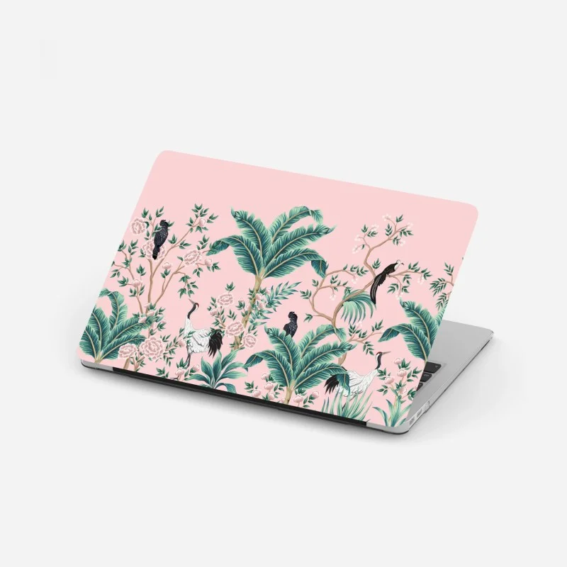 Laptop sticker pastel tropical botanical design with cranes