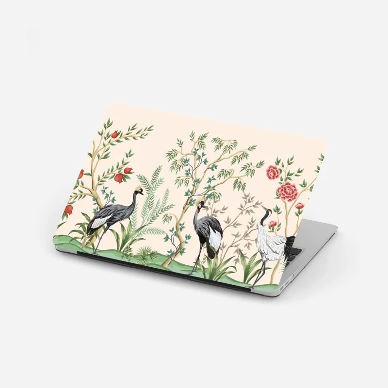 Laptop sticker serene crane garden illustration