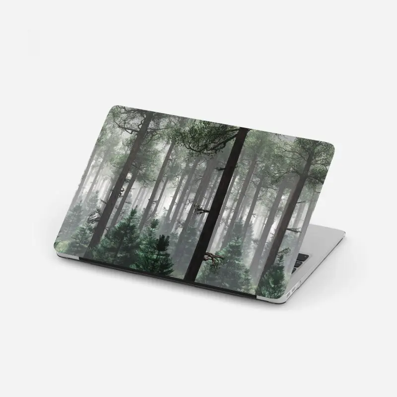 Laptop sticker misty evergreen forest panorama