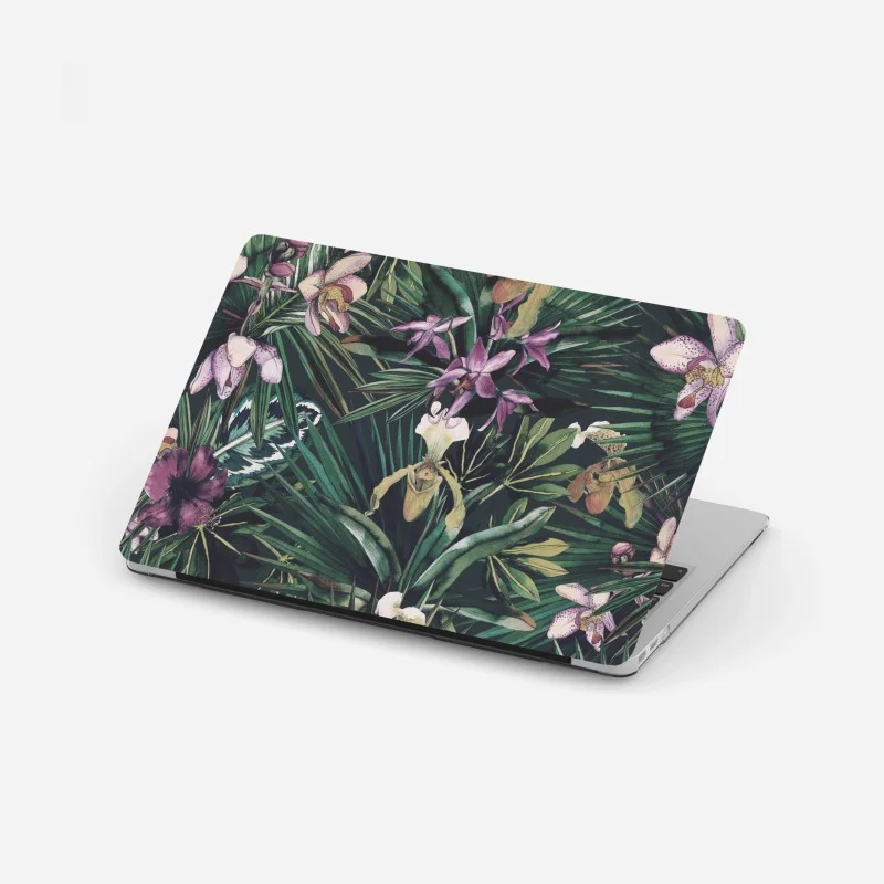 Laptop sticker tropical watercolor orchids and palm leaves
