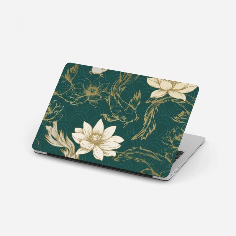 Laptop sticker oriental koi and lotus pattern in teal and gold