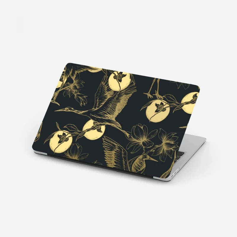Laptop sticker golden cranes and moon pattern