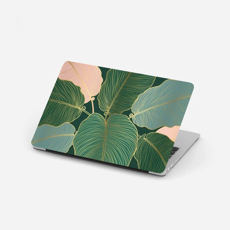 Laptop sticker gold-lined tropical leaves print