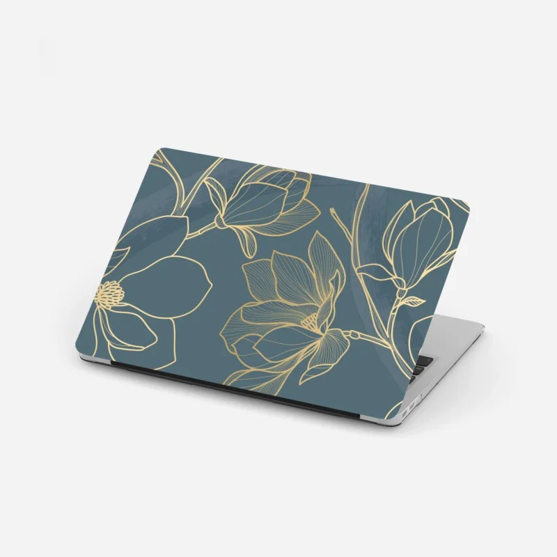 Laptop sticker gold magnolia line art on teal