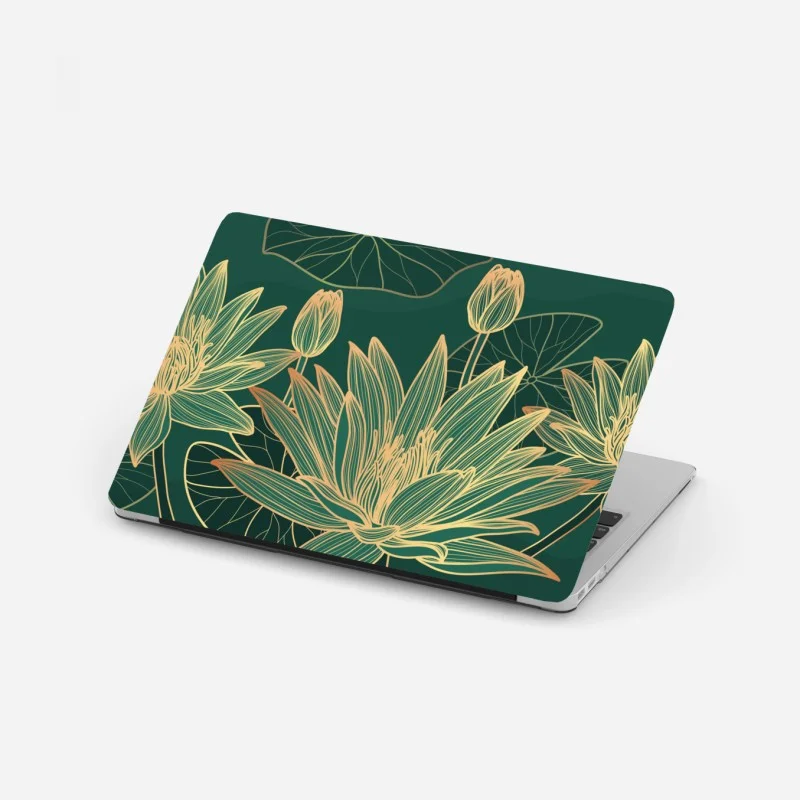 Laptop sticker gold lotus floral illustration on emerald background