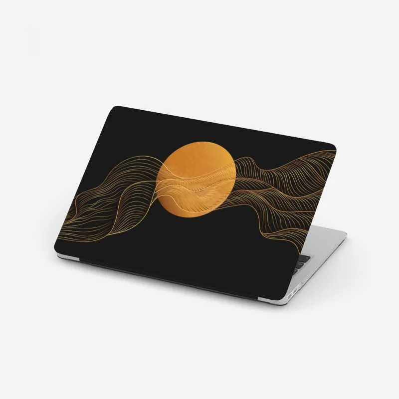 Laptop sticker golden waves on black abstract composition