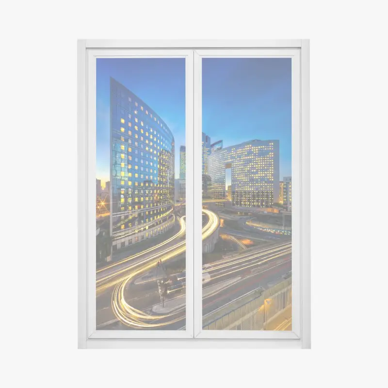Window decal modern city skyline at dusk
