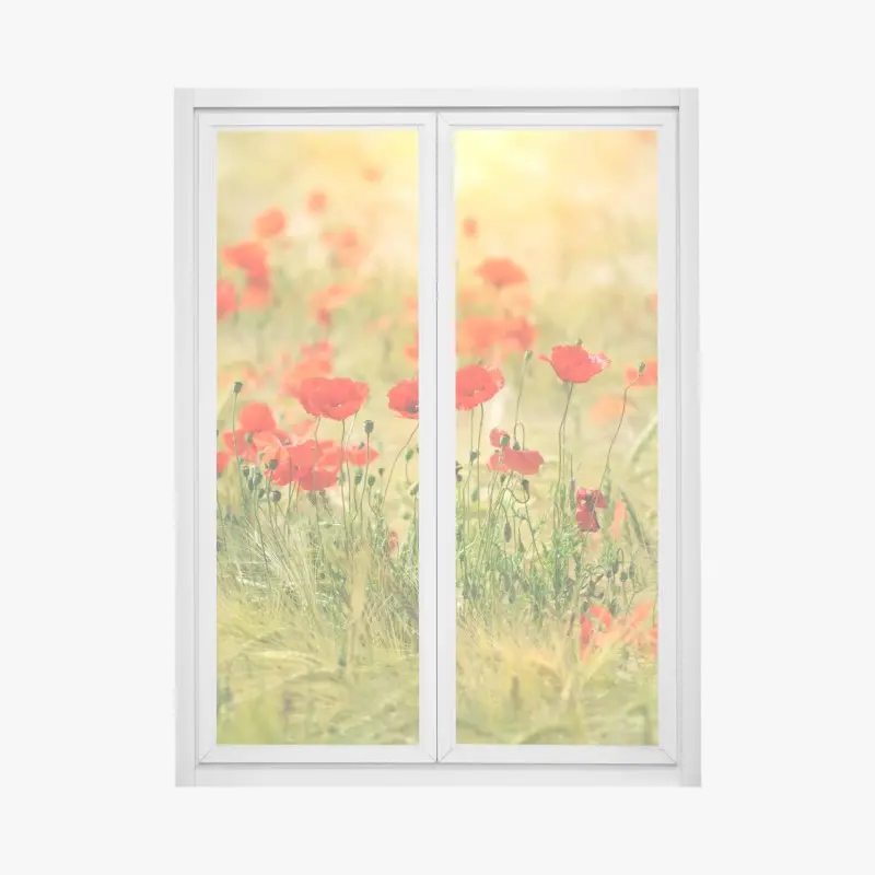 Window decal red poppy meadow in sunlight