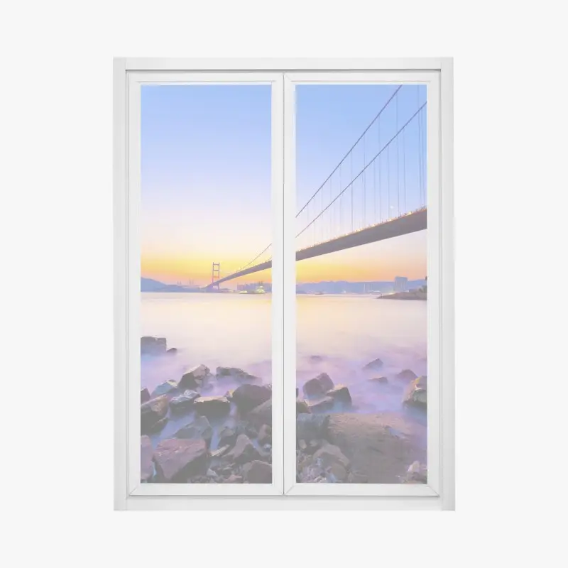 Window decal golden sunset over suspension bridge