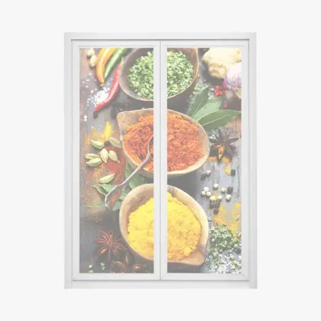 Window decal vibrant spices and herbs on wood • Wallissimo®