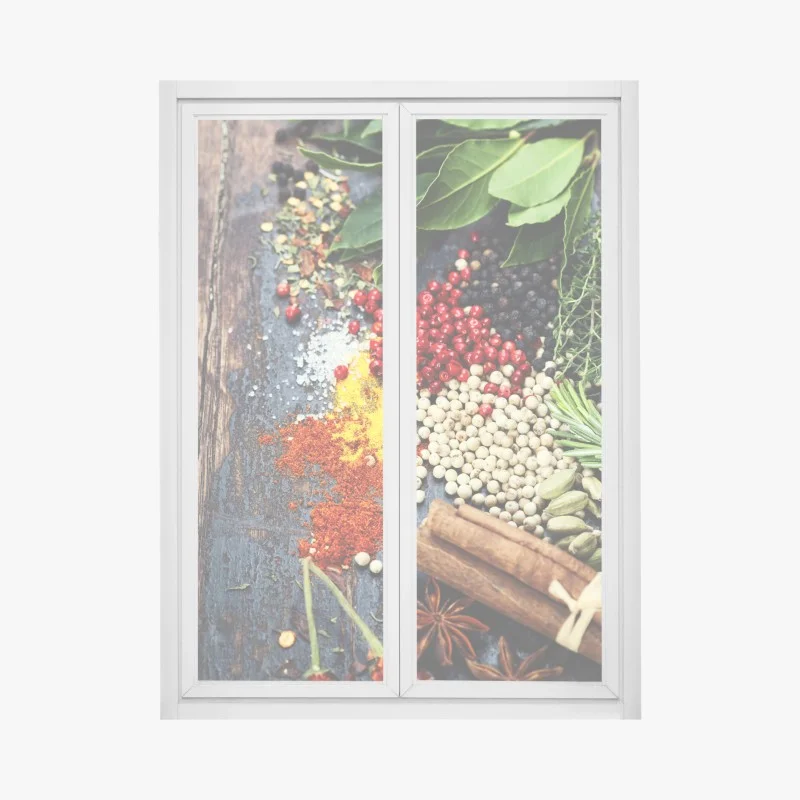 Window decal vibrant spice assortment on rustic wood
