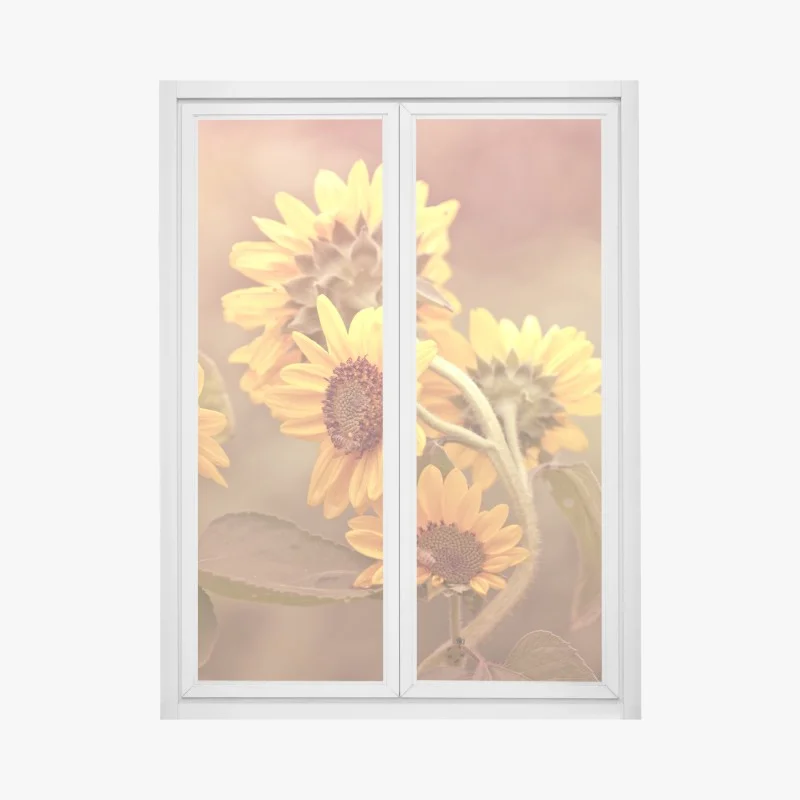 Window decal vintage sunflower cluster in warm light
