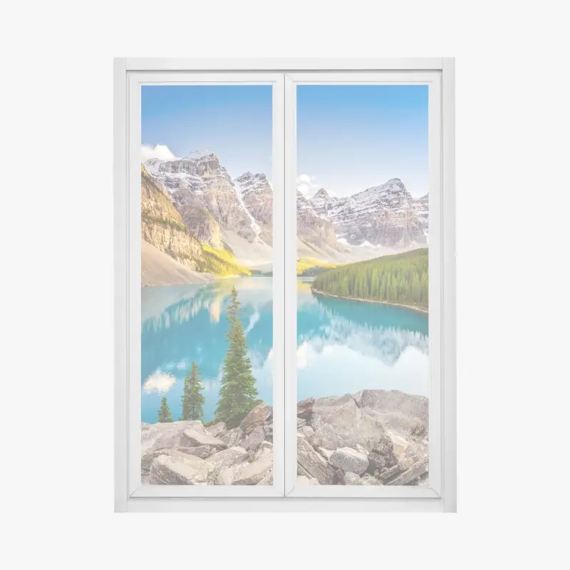 Window decal sunlit Moraine Lake mountain panorama