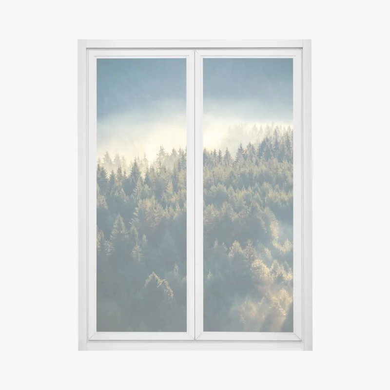 Window decal misty pine forest at dawn