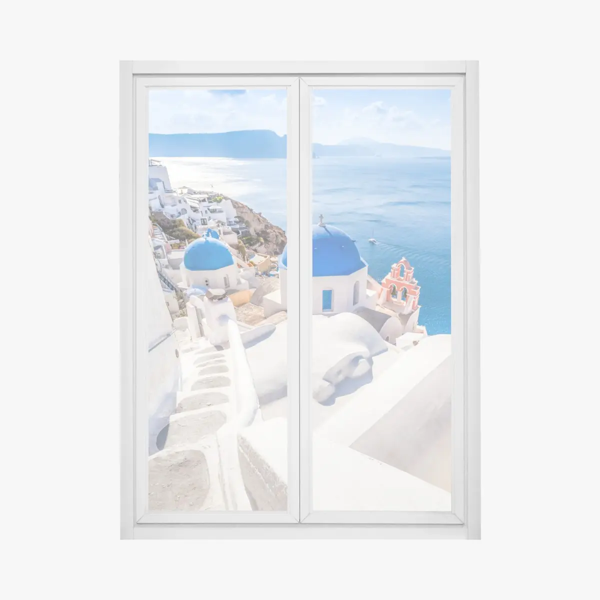 Window decal sunlit Santorini blue domes and sea view • Wallissimo® Window decal sunlit Santorini blue domes and sea view • Wallissimo®