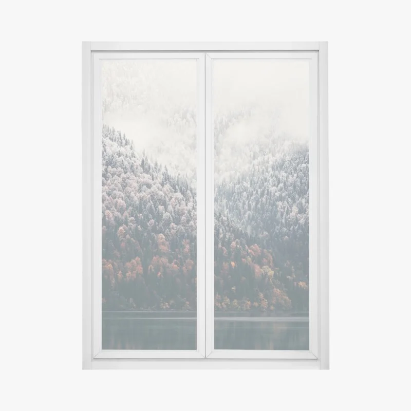 Window decal autumn mist over mountain forest