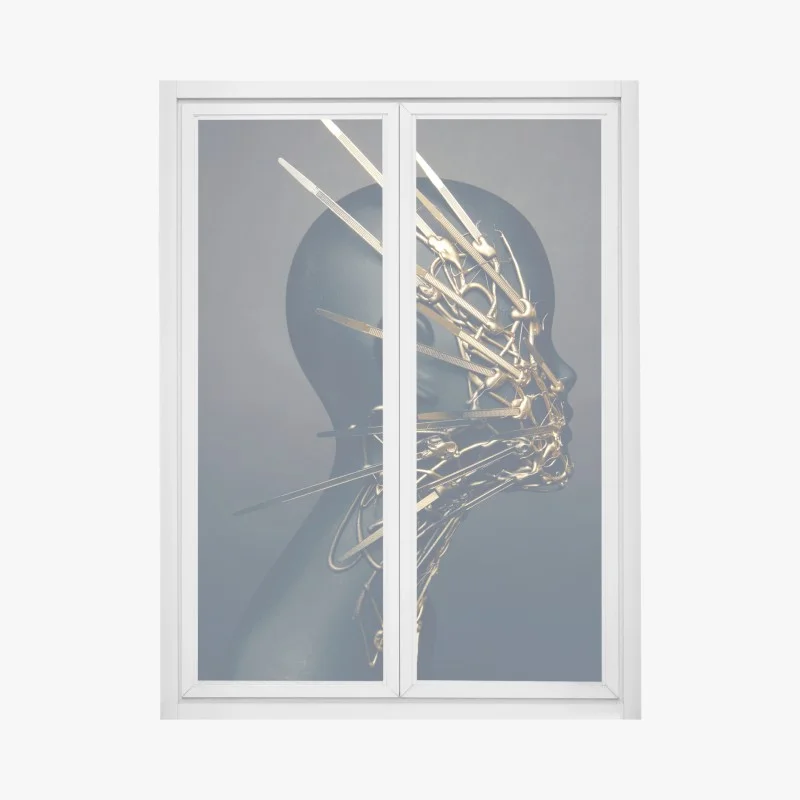 Window decal golden wire portrait on black bust