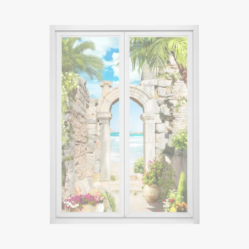 Window decal sunlit Mediterranean archway to the sea
