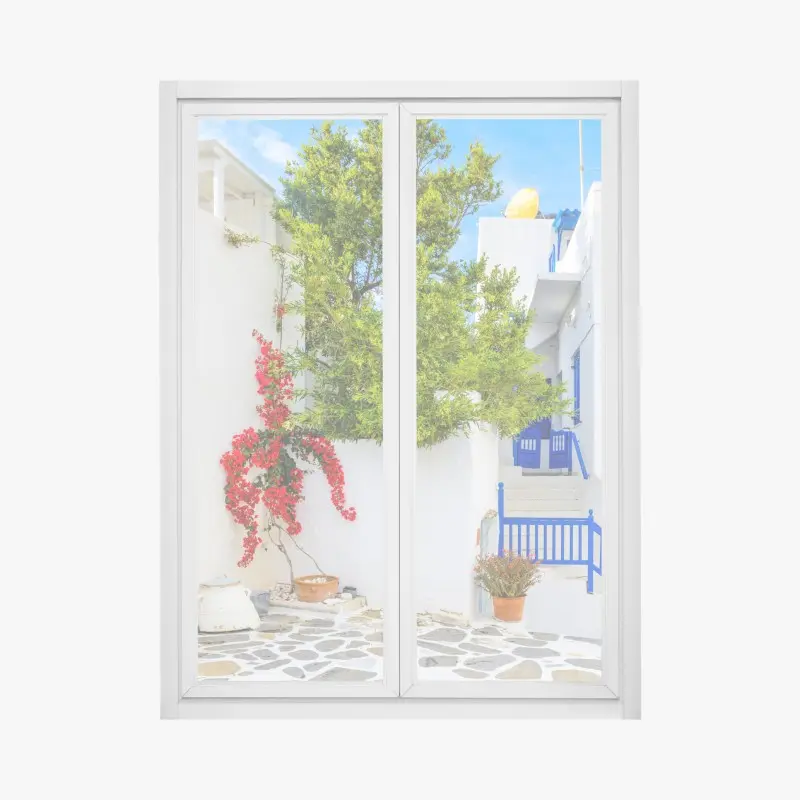 Window decal sunlit Mediterranean courtyard with bougainvillea