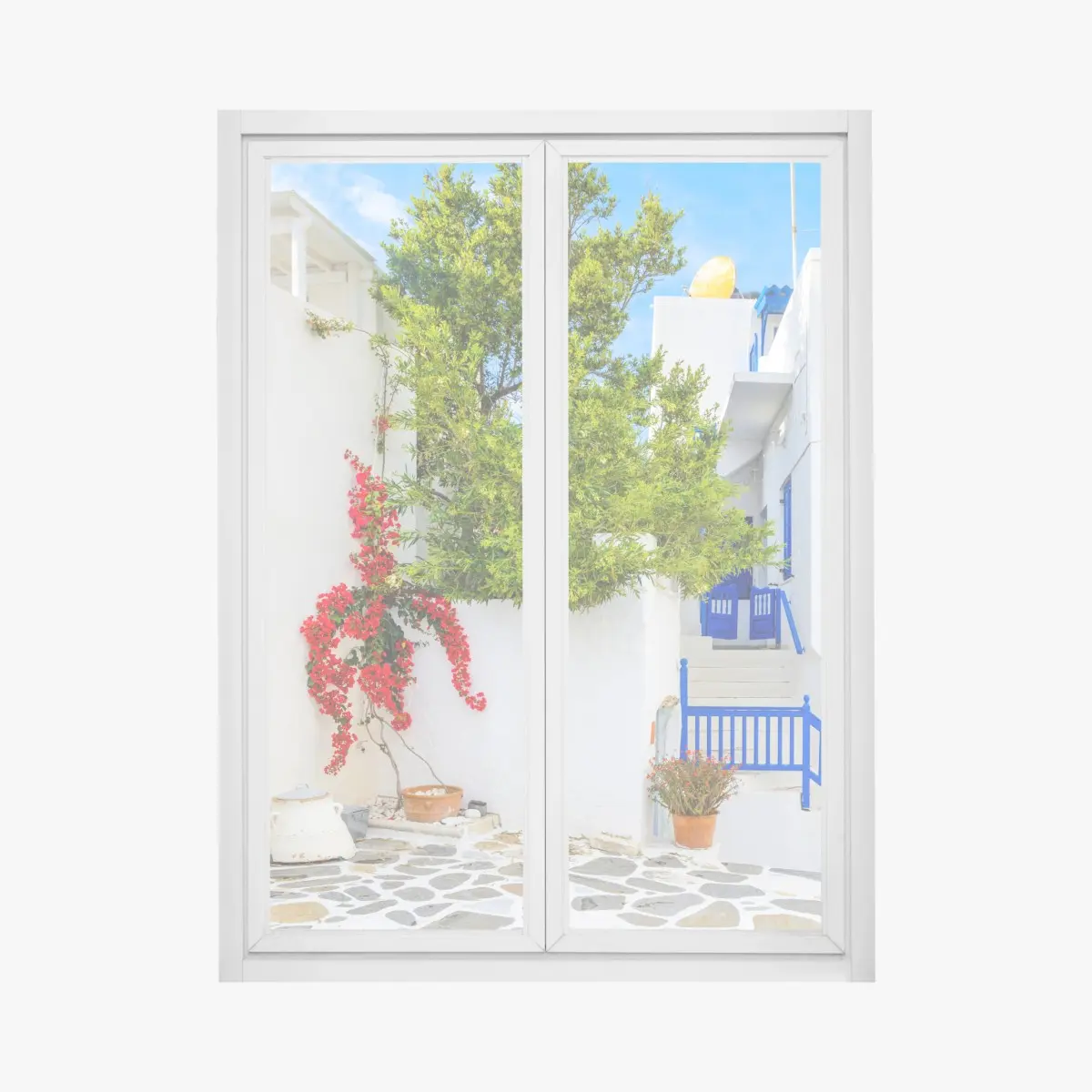 Window decal sunlit Mediterranean courtyard with bougainvillea • Wallissimo® Window decal sunlit Mediterranean courtyard with bougainvillea • Wallissimo®