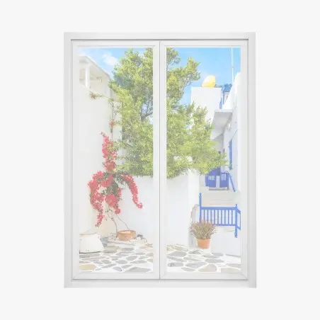 Window decal sunlit Mediterranean courtyard with bougainvillea • Wallissimo®