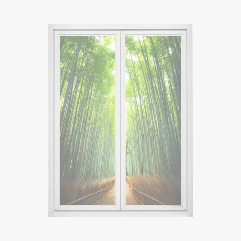Window decal pathway through Arashiyama bamboo grove