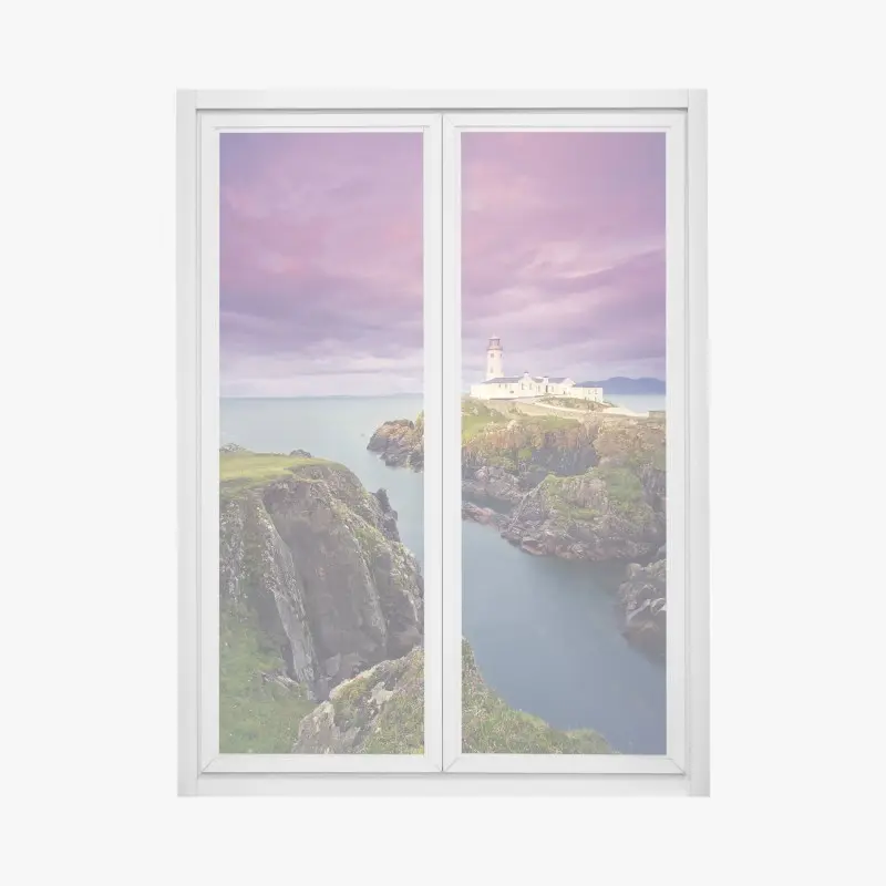 Window decal purple coastal lighthouse at dusk