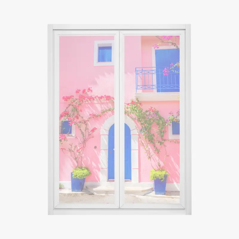 Window decal vibrant pink facade with blue door