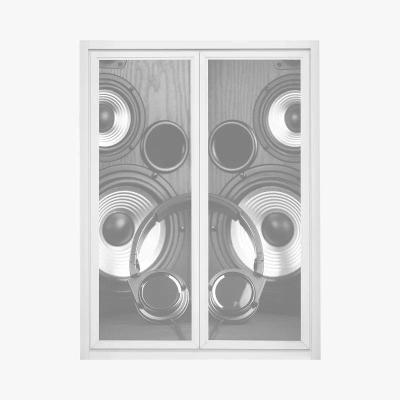 Window decal monochrome audio setup with headphones and speakers