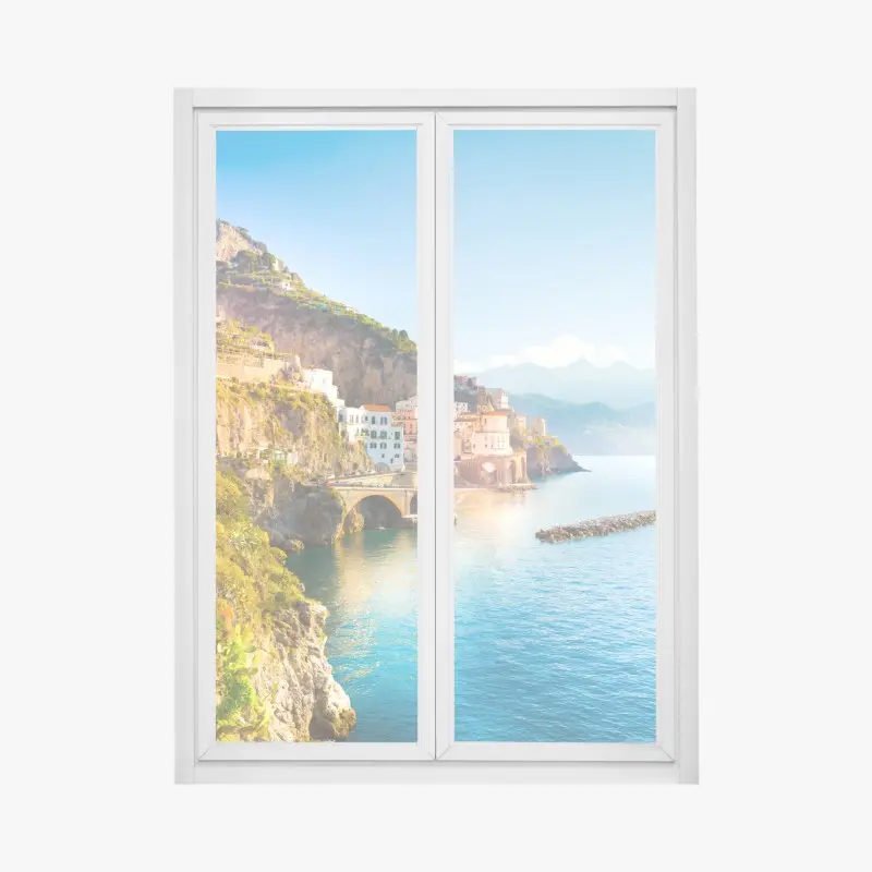 Window decal sunlit coastal cliffside village