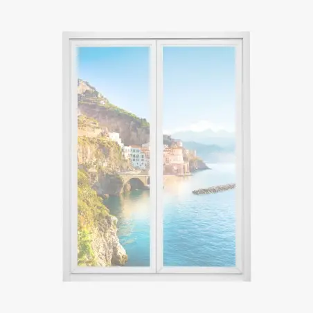 Window decal sunlit coastal cliffside village • Wallissimo®