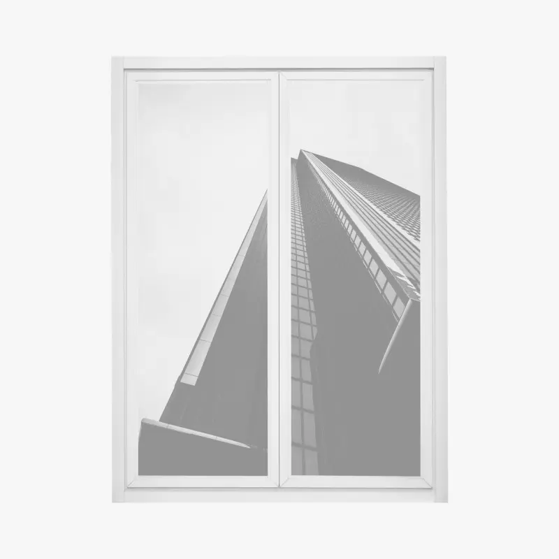 Window decal towering modern skyscraper in monochrome