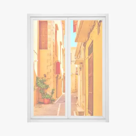 Window decal sunlit yellow street in Rethymno, Crete • Wallissimo®