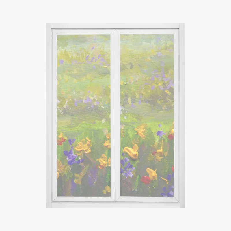 Window decal vibrant meadow oil painting close-up